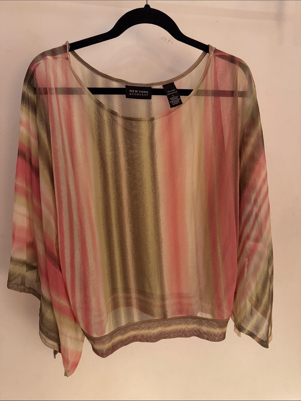 New York & Company Pink Olive Striped Sheer Tunic Blouse